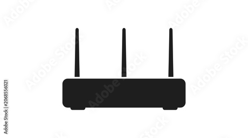 Simple black silhouette of a wireless internet router with three upright antennas.