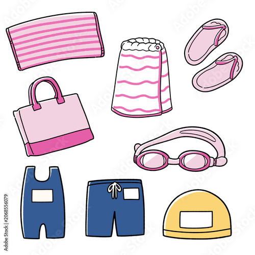 プール道具のイラストセット（ピンク）
