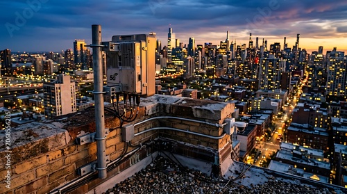Golden hour aerial view of New York City skyline.