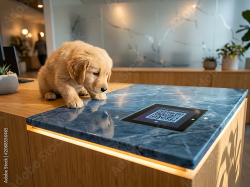Golden retriever resting on wooden desk near laptop.