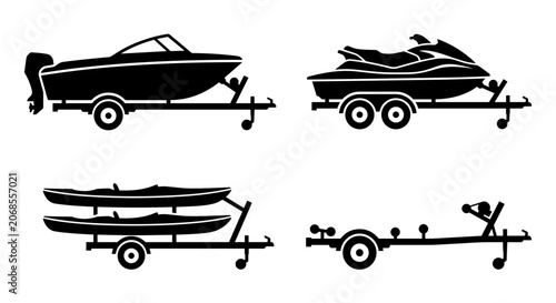 Car trailer silhouettes for boat jet ski and kayaks