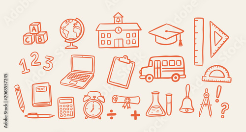 Hand drawn back to school, education and academic elements collection with school bus, building, laptop, clipboard, mathematics symbols, globe and graduation cap vector illustration