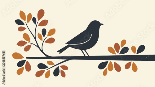 Stylized bird perched on a leafy branch with orange foliage on a beige background.