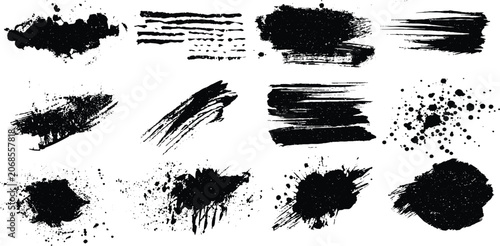 Принти на полотні Collection of black ink brush strokes and splatters on white background