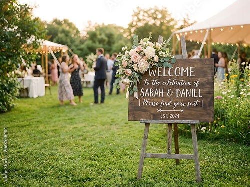 Outdoor wedding ceremony with welcome sign and guests.
