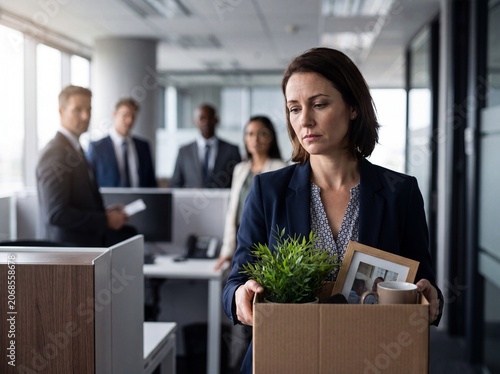 Businesswoman being fired/ laid off from office job, leaving with belongings in a box while colleagues watch	