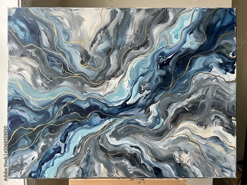 Abstract Blue and Gray Fluid Art Painting.