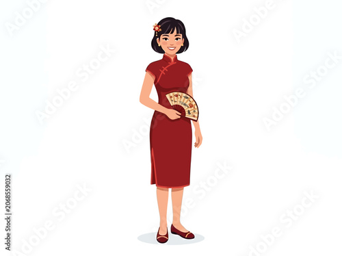 Beautiful Chinese woman wearing red Qipao dress