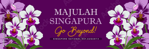 Singapore National Day 2026 panoramic banner template. Features bold 61 typography, national crescent moon emblem, and elegant Vanda Miss Joaquim orchid illustrations on a long horizontal red backdrop