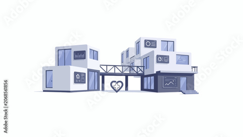 Foto A modern modular medical facility building with a heart symbol icon