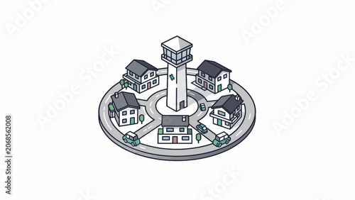 Fotografie An isometric illustration of a small town with a central tower and circular road