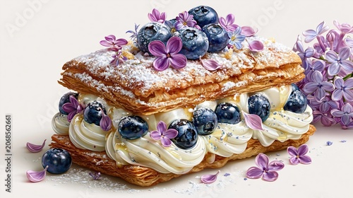 Luxurious Mille Feuille with Blueberries and Cream