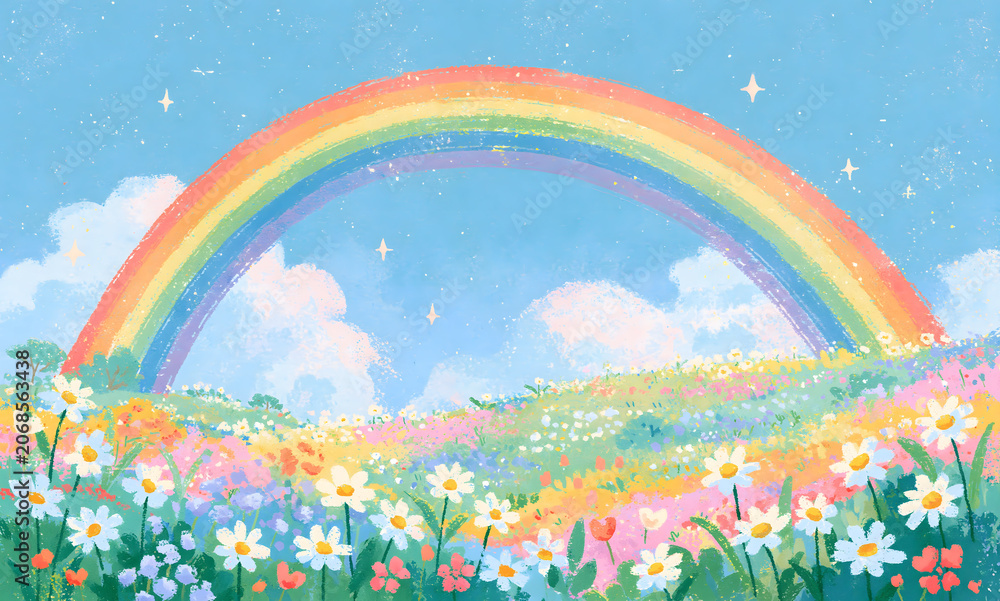 Naklejka premium a cheerful rainbow arching over a pastel colored meadow full of daisies, bright blue sky, joyful whimsical atmosphere, watercolor and painterly style