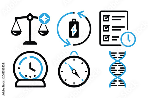 Collection of business icons including scales target battery list clock compass and dna helix for professional project planning.