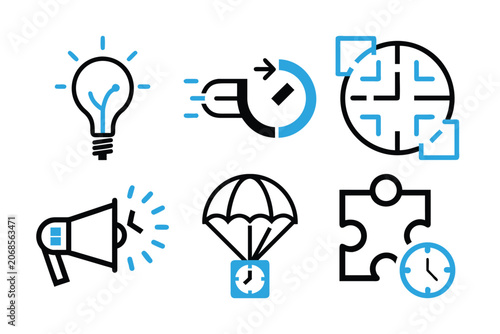 Set of modern icons featuring lightbulb movement target megaphone parachute and puzzle pieces with clock time management theme.