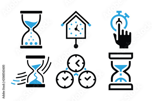 Hourglass, cuckoo clock, and stopwatch line icons. sand glass, time limits, and urgency symbols for countdowns.