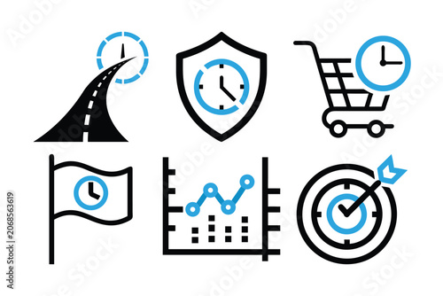 Set of business and finance icons featuring road shield shopping cart flag graph and target board with time management elements.