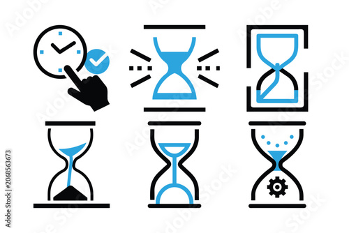 Time management and hourglass vector icons for deadlines, efficiency, and progress tracking with check mark.