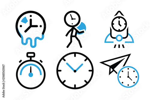 Time management and productivity flat icons vector set depicting workflow speed efficiency scheduling optimization deadlines business tools.