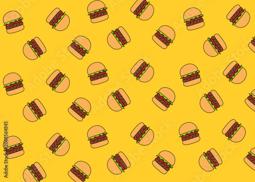 Seamless burger. Fast food illustration pattern. Colourful background. Food packaging, menu illustration. Restaurant.