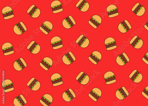 Seamless burger. Fast food illustration pattern. Colourful background. Food packaging, menu illustration. Restaurant.