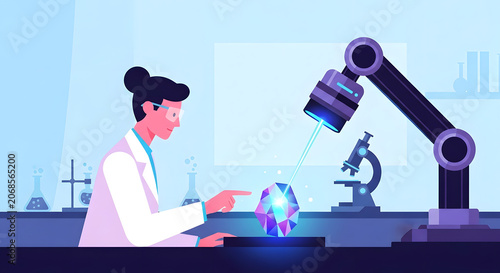 Scientist and robotic arm analyzing crystal in laboratory