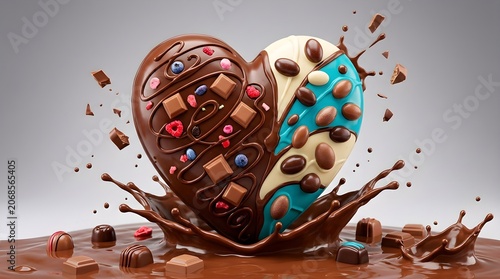 A chocolate heart with pieces of chocolate and chocolate sauce on a white background. Generative ai
