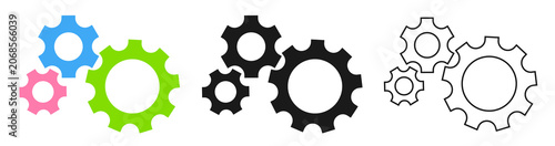 Three cogs vector illustration. Gear wheel icon outline, black and color style