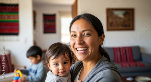 Happy Indigenous Andean Mother with Toddler and Son in Living Room
