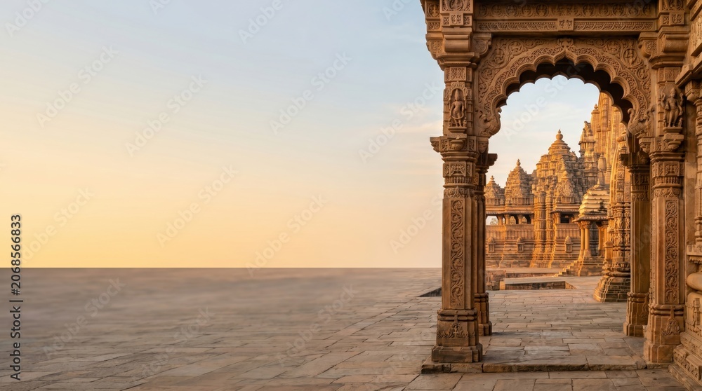 Fototapeta premium Intricate stone carvings on ancient Hindu temple archway, sunset view of Vedic heritage site for spiritual meditation.