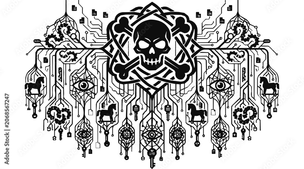Fototapeta premium cyber security digital threat illustration of skull and crossbones trojan horses and circuit patterns symbolizing hacking.