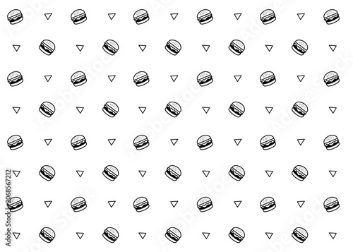 Seamless burger. Fast food illustration pattern. Food packaging, menu illustration. Restaurant. Black outline and white background