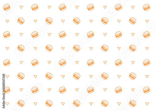 Seamless burger. Fast food illustration pattern. Food packaging, menu illustration. Restaurant. Orange outline and white background