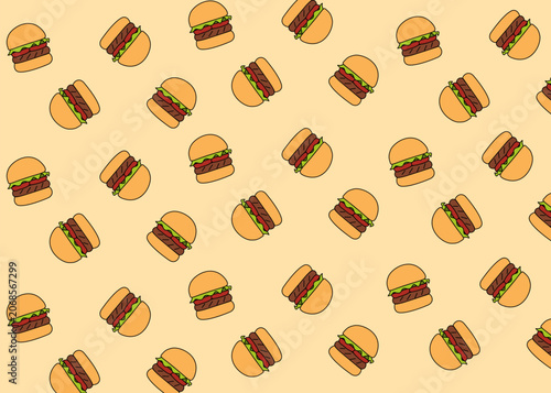 Seamless burger. Fast food illustration pattern. Colourful background. Food packaging, menu illustration. Restaurant.