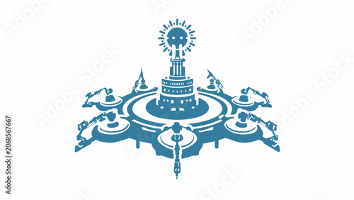 Billede på lærred A stylized blue graphic illustration of a futuristic circular industrial complex