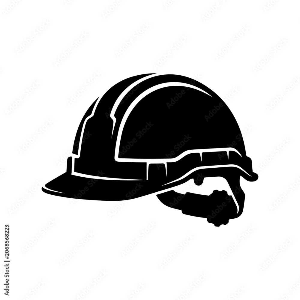 Fototapeta premium Industrial hard hat icon representing safety in construction, a black protective helmet silhouette symbol for site workers and professional