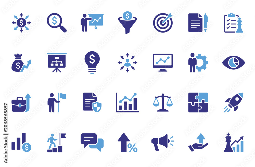 Fototapeta premium Business icon set containing finance, strategy, analytics, growth and planning glyph symbols for startup and corporate projects.