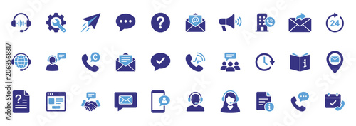 Contact Us icon set showcasing customer support, communication, help desk and contact channel glyphs for service interfaces.
