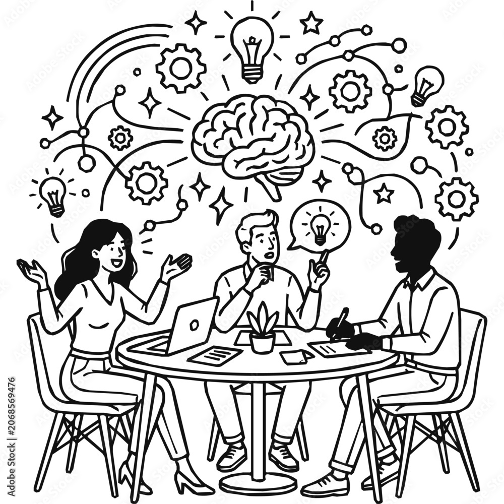Fototapeta premium Collaboration, innovation - Creative brainstorming session with a diverse team in a meeting where a large brain generates new ideas and innovative