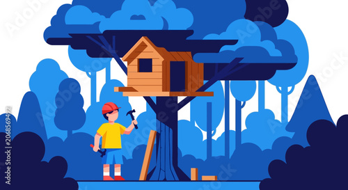 Man building tree house structure.