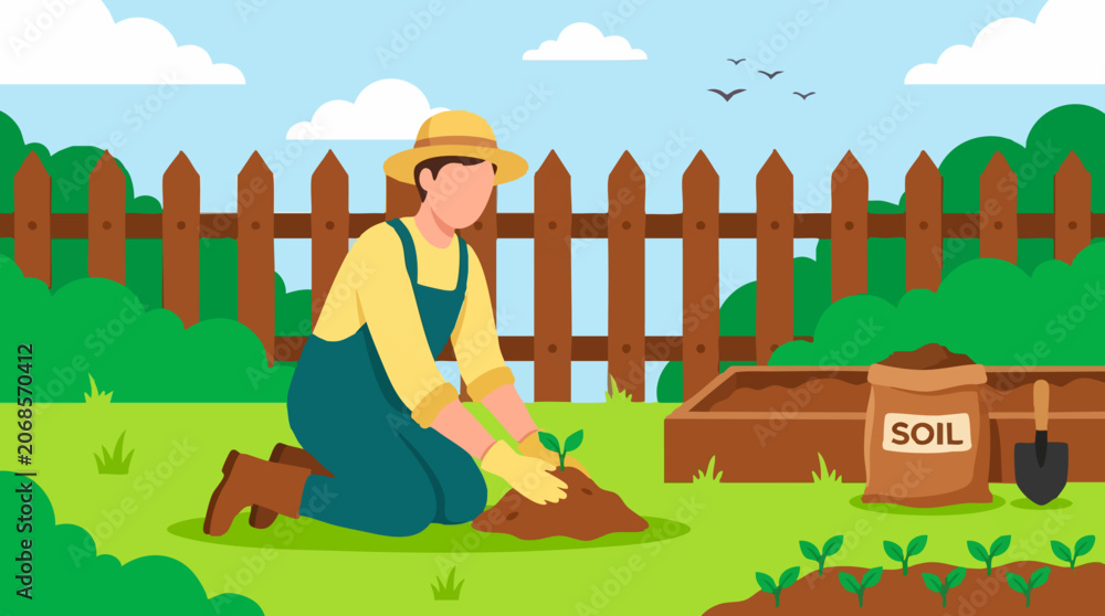 Naklejka premium Spring Gardening: Person Planting Young Seedling in Outdoor Garden
