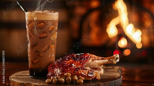 A refreshing iced beverage and roasted poultry sit near a warm fire's glow