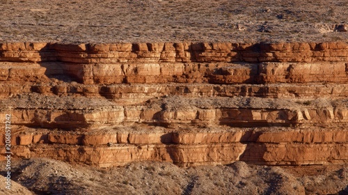 tonalite. Stepped rock layers in a canyon wall, desert landscape. travel magazines, destination branding, wall prints, designed for outdoor magazines and nature guides, used by graphic designers.
