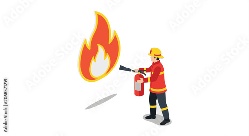 Vászonkép Firefighter bravely battling a large roaring flame with a fire extinguisher
