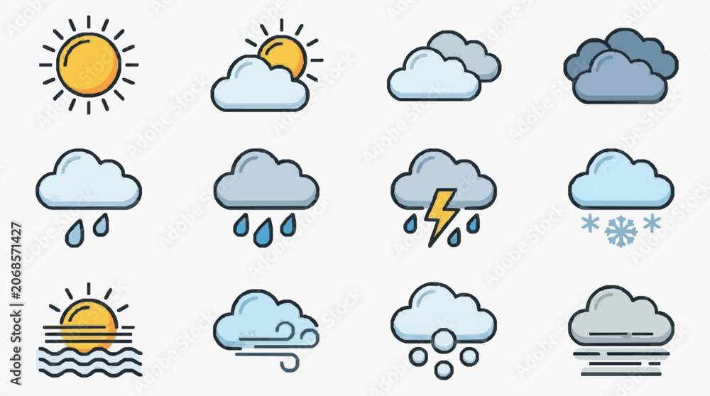 Obraz premium Creative Colorful Weather Icons Set with Sunny Cloudy Rainy Stormy and Snowy Illustrations with high quality professional line art symbols for modern creative design and digital branding projects