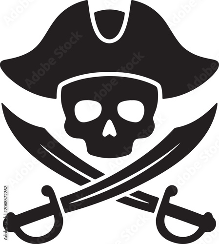 A black silhouette of a pirate skull wearing a tricorn hat with two crossed cutlass swords underneath, isolated on a also transparent background