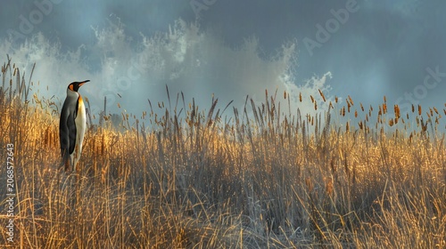 A regal penguin surveys tall, dry grass beneath a stormy sky