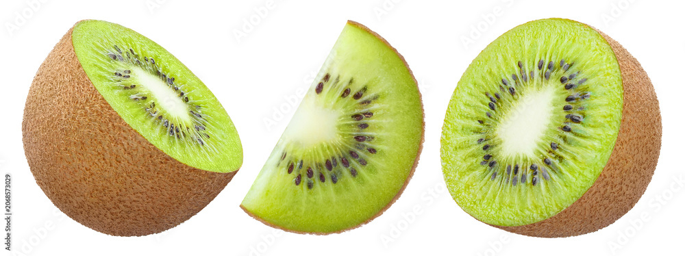 Fototapeta premium Set of delicious kiwi fruit slices, isolated on cutout transparent background