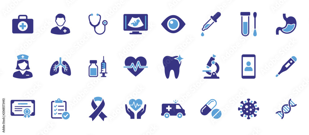 Fototapeta premium Healthcare icon set featuring medical care, diagnostics, treatment and emergency service glyph designs for clinic visuals.