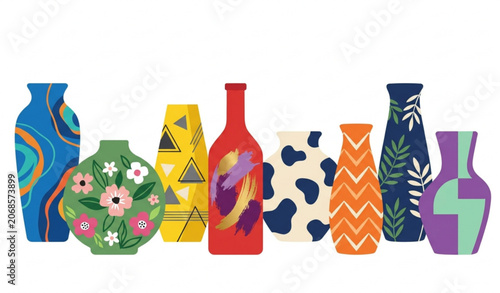 Foto Decorative porcelain vase set with trendy patterns flat vector design
